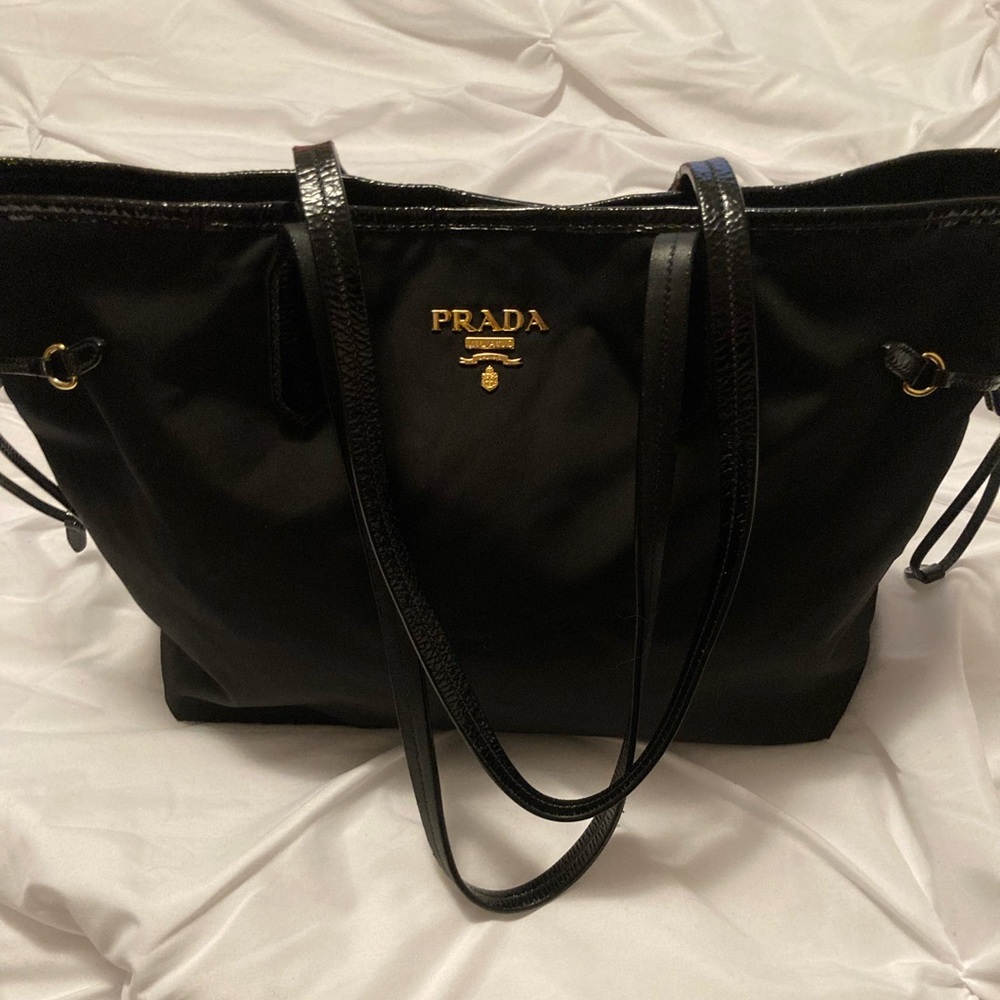 Authentic Prada Tessuto nylon tote with patent leather trim
